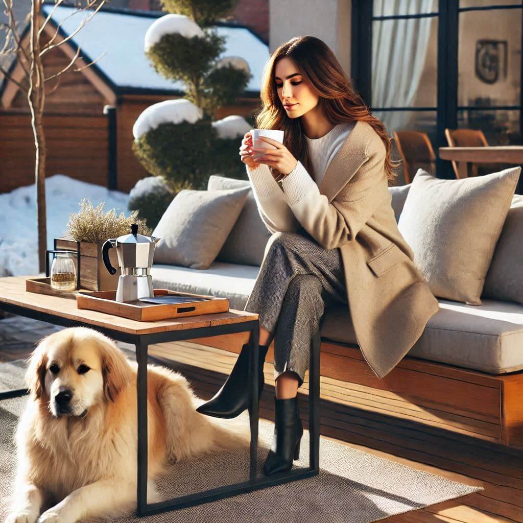 relaxing-with-dog-in-snowy-yard